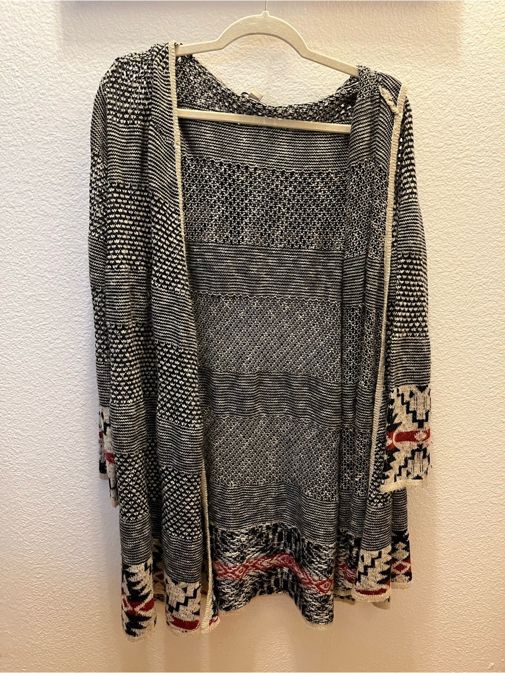 Open-Front Black & Cream Patterned Women's Cardigan